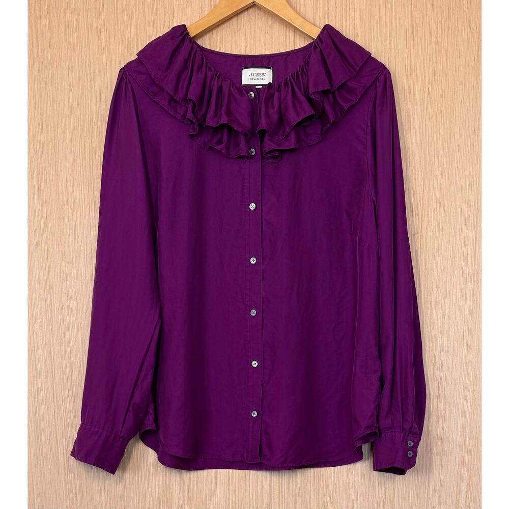 J Crew Collection 100% Silk Button Up Shirt Womens Size XL Ruffle Collar Purple